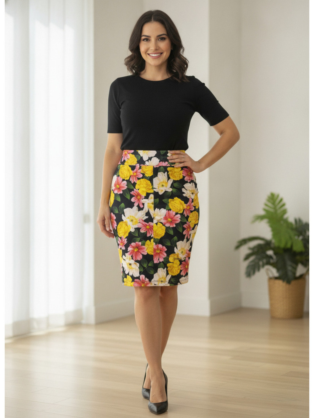 Tahari Black Floral Pencil Skirt Womens Stretch Knit Pull On Knee Length